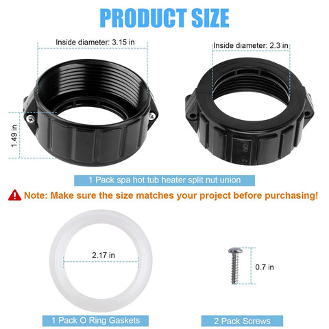 Spa heater split-nut unions kit with gasket and screws; two unions with 3.15 in and 2.3 in IDs, plus white O-ring.