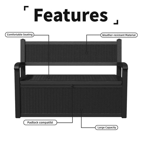 80 Gallon Outdoor Storage Bench Deck Box Waterproof Lockable for Patio, Black, showing features like comfortable seating and weather-resistant material.