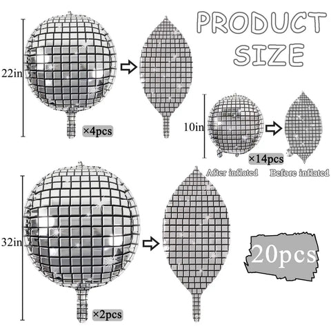 Metallic Silver Disco Balloons In Mixed Sizes 32-Inch, 22-Inch, And 10-Inch - 20 Count 4D Mylar Balloons size chart illustration