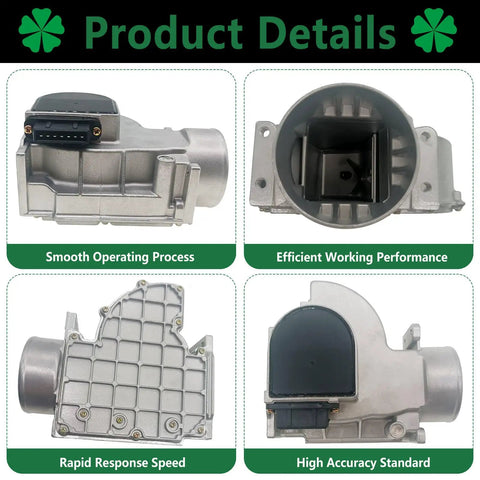 Mass Air Flow Meter Sensor Replacement 197100-4090, silver MAF sensor with plug and mounting ports, four product views