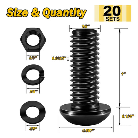Heavy Duty 3/8-16 Stainless Steel Button Head Socket Cap Bolts Assortment Kit With Black Oxide Finish And Matching Nuts showing sizes and details.
