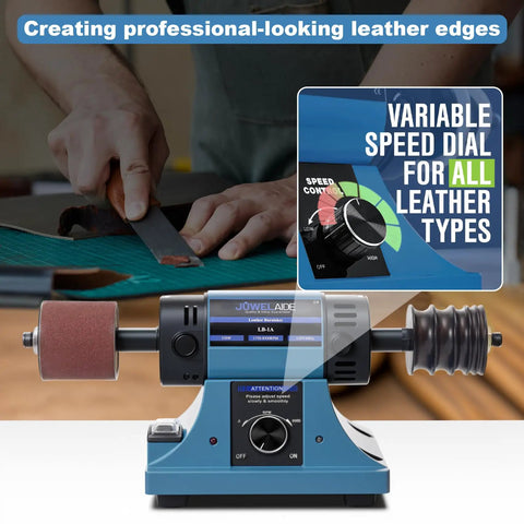 Top Shelf Heavy Duty Leather Burnishing Machine With Variable Speed Dial and Rosewood Edge Polisher in action with leather.