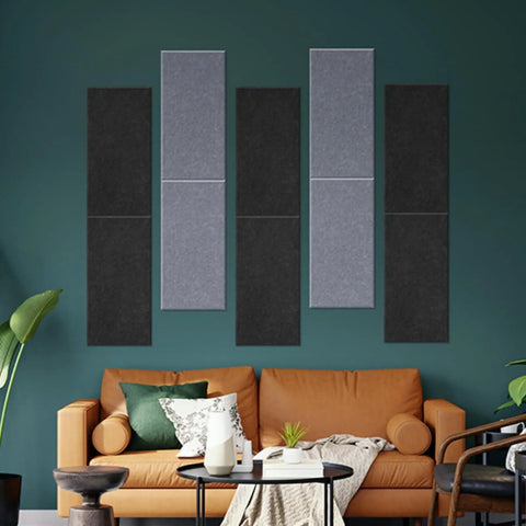 Six Pack Soundproof Acoustic Panels With Textured Felt Finish Block Echo And Amp Up Your Vibe Solid Upgrade For Home Theater Office Or Gaming Room Setup In Clean Silver Gray mounted on a green wall.