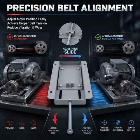 Electric Motor Base Mount Slide Plate For 56 Frame Belt Tension Adjuster With Integrated Roll Tracks, showcasing before and after alignment.