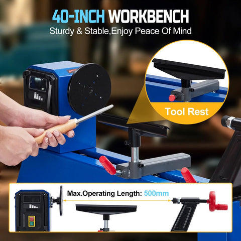 Blue benchtop wood lathe with tailstock and adjustable tool rest; hand holding a turning chisel.