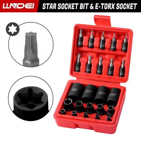 Torx Bit And Female External Socket Set 24 Pieces Includes Torx Star Bits T8 Through T40 And Female E Torx Sockets E4 Through E24 One Quarter Inch, Three Eighths Inch And One Half Inch Drives Chrome Vanadium With Mini Storage Box displayed in red case