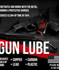 All-Conditions Synthetic Gun Lube CLP bottle with firearms and cleaning tools, 16-ounce trigger spray, prevents rust.