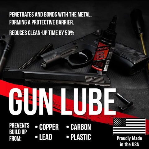 All-Conditions Synthetic Gun Lube CLP bottle with firearms and cleaning tools, 16-ounce trigger spray, prevents rust.