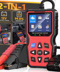 All In One OBD2 Scanner With Battery Tester displaying screen and cables for 12V battery health and engine diagnostics