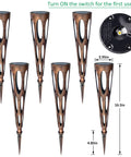 Solar Pathway Lights Outdoor 6 Pack LED Waterproof Conical Garden Stakes with bronze finish and dimensions shown