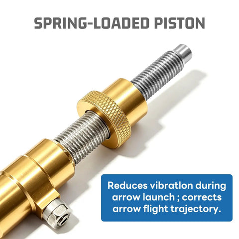 Adjustable Magnetic Arrow Rest And Cushion Plunger For Bows Featuring Slick Aluminum Rebound Mechanics For Zero Drag Accuracy left side view of spring-loaded piston in gold and silver