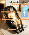 Woman relaxing in the Next Level Upgrade 3D Massage Chair With AI Voice Control, highlighting body scanning system features.
