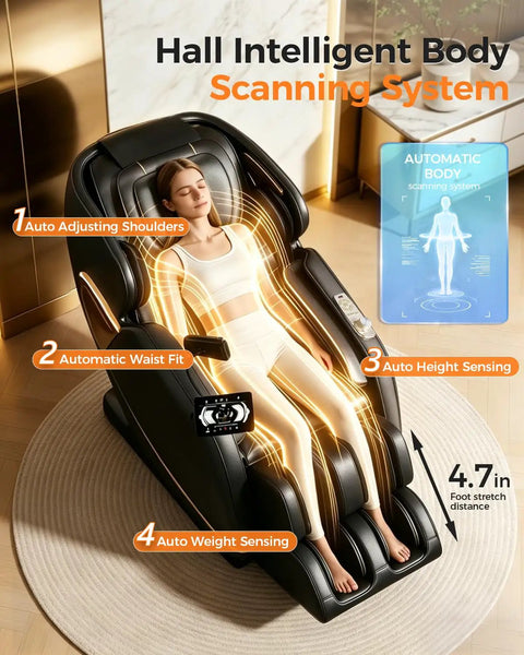 Woman relaxing in the Next Level Upgrade 3D Massage Chair With AI Voice Control, highlighting body scanning system features.