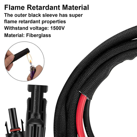 Heavy Duty 3 Foot 10AWG Solar Extension Cable with flame retardant fiberglass sleeve and connectors
