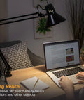 LED Swing Arm Desk Lamp With Clamp Mount And 36 Inch Reach, Includes Replaceable LED Bulb, All Metal Construction, Black