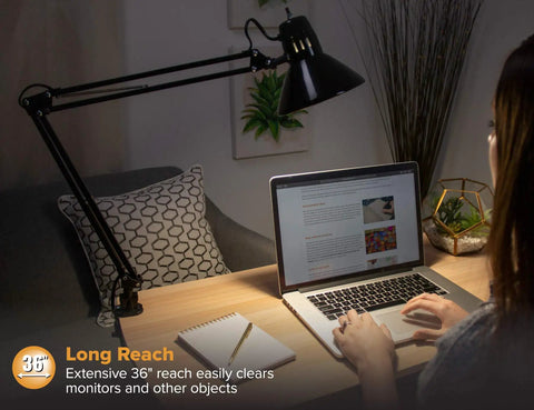LED Swing Arm Desk Lamp With Clamp Mount And 36 Inch Reach, Includes Replaceable LED Bulb, All Metal Construction, Black