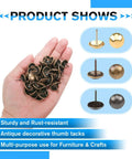 Top Shelf Antique Bronze Upholstery Tacks Pretty Darn Sturdy Furniture Nails And Thumb Push Pins Super Snazzy For Sofas Chairs Wood Trim Or Wild Diy Builds 100 Pack Kit held in hand.