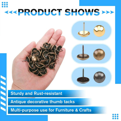 Top Shelf Antique Bronze Upholstery Tacks Pretty Darn Sturdy Furniture Nails And Thumb Push Pins Super Snazzy For Sofas Chairs Wood Trim Or Wild Diy Builds 100 Pack Kit held in hand.