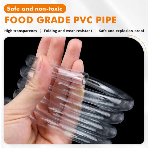 Food grade PVC pipe held in hand, transparent and flexible, suitable for Heavy Duty 110V Electric Wine Transfer Pump With Smart Auto Start Stop Flow Control And Food Grade Filler Gun Plus Rugged PVC Hose For Wine Brew Car Urea And Pantry Oils Zero Fiddle Just Pour.