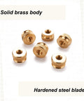 Slick Brass Knurled Thumb Nuts 1/4 X 20 Coarse Thread 9/16 Inch Diameter 3/8 Inch Height Quick Grip Finger Tightening Clamp Knobs Six Pack close-up.