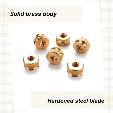 Slick Brass Knurled Thumb Nuts 1/4 X 20 Coarse Thread 9/16 Inch Diameter 3/8 Inch Height Quick Grip Finger Tightening Clamp Knobs Six Pack close-up.