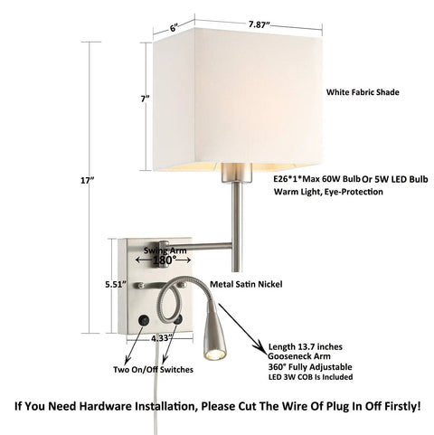 Bedside Swing Arm Wall Lamp With Dual Switch, Cozy And Lit Wall Sconce For Bedroom And Living Room, satin nickel, dimensions