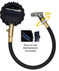 Front digital tire pressure gauge with rotating brass chuck, rugged black gauge and hose; two AAA batteries included.