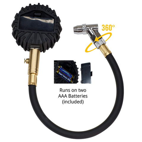 Front digital tire pressure gauge with rotating brass chuck, rugged black gauge and hose; two AAA batteries included.