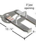 Beefy Heavy Duty Cam Action Pallet Puller With 3-Inch Jaw Opening And 5000-Pound Pulling Capacity For Easy Pallet Haul On Smooth Truck Floors Self-Cleaning Head And Rugged Steel Construction, showing detailed dimensions.