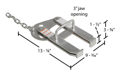 Beefy Heavy Duty Cam Action Pallet Puller With 3-Inch Jaw Opening And 5000-Pound Pulling Capacity For Easy Pallet Haul On Smooth Truck Floors Self-Cleaning Head And Rugged Steel Construction, showing detailed dimensions.