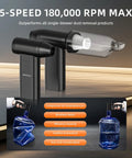3 In 1 Cordless Air Duster And Mini Vacuum with LED Light USB C Rechargeable 180000 RPM 5 Speeds, showcasing product design and features.