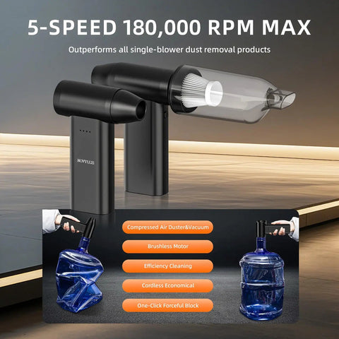 3 In 1 Cordless Air Duster And Mini Vacuum with LED Light USB C Rechargeable 180000 RPM 5 Speeds, showcasing product design and features.