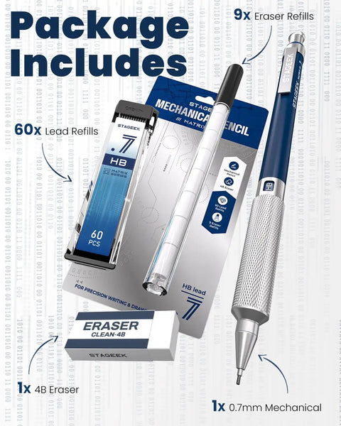0.7Mm Metal Mechanical Pencil For Drafting And Art Pro Grade Sketching Tool With Eraser And 60 HB Lead Refills Package Includes.