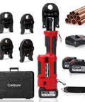 Professional 18V Cordless Pipe Crimping Tool With Four Interchangeable Jaws And A Smooth 180 Swivel Head, batteries, and case.