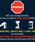 Instructions for using high-speed drill bits with corded drill, impact drill, or drill press, highlighting high-speed capability.
