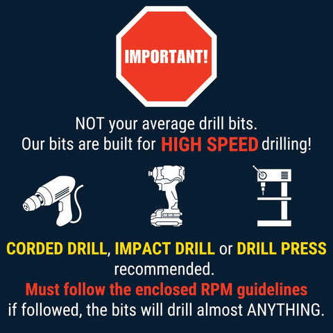 Instructions for using high-speed drill bits with corded drill, impact drill, or drill press, highlighting high-speed capability.