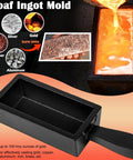 Front view of black cast-iron loaf ingot mold with handle; holds up to 100 oz of gold, silver, or copper.