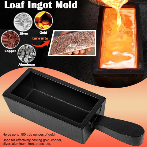 Front view of black cast-iron loaf ingot mold with handle; holds up to 100 oz of gold, silver, or copper.