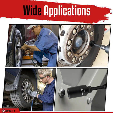 Half Inch Drive Deep Impact Socket Set in use for automotive maintenance, axle nut removal, featuring black phosphate finish.