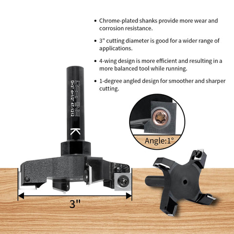 Pro Grade Heavy Duty Slab Flattening Router Bit With Four Wing Carbide Inserts For Spoilboard Surfacing And Wood Planing Half Inch Shank Three Inch Cutting Diameter CNC Fly Cutter Leveler And Rabbeting Capabilities showing 3-inch size and angle design
