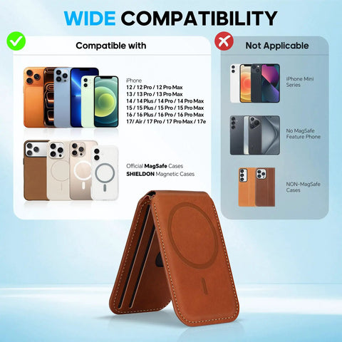 Top Shelf Genuine Leather MagSafe Wallet With Integrated Stand Holds Six Credit Cards Securely showcased with compatible iPhone models.