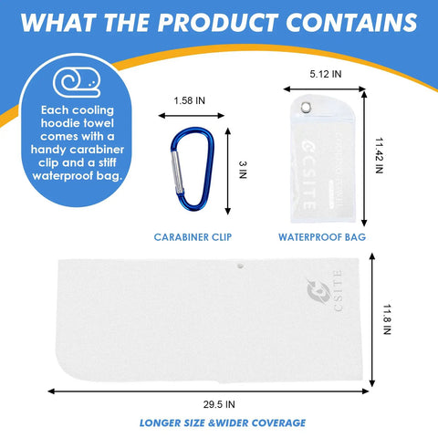 3 Pack Cooling Hoodie Towels For Neck And Face with UPF 50 Sun Protection shown with carabiner clip and waterproof bag