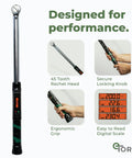 Pro-Grade Digital Torque Wrench With Half Inch Drive, backlit digital display, ergonomic grip, detailed scale shown