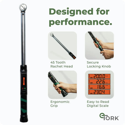 Pro-Grade Digital Torque Wrench With Half Inch Drive, backlit digital display, ergonomic grip, detailed scale shown