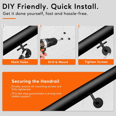 DIY installation steps for Straight Up Heavy Duty 3 Ft Black Aluminum Stair Handrail With 1.5 Inch Pipe Wall Mounted For Indoor Stairs And Porches 400 Lb Load Capacity Built Like A Tank With Smooth Powder Coat Finish.