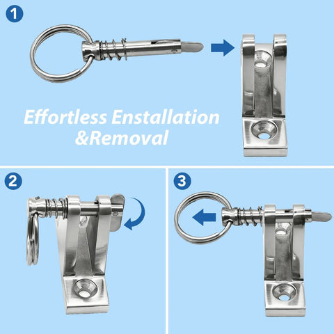 Steps to install 4-Pack Quick Release Pins With Drop Cam And Spring, One Quarter Inch Diameter, 0.86 Inch Usable Length, Saltwater Ready 316.