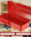 Red Small Metal Tool Box 15 Inch Portable Mini Tool Box With Hip Roof Style Heavy Duty Steel Construction And Corrosion Resistant Powder Coat Finish For Home Garage And On The Go Repairs, open red steel box