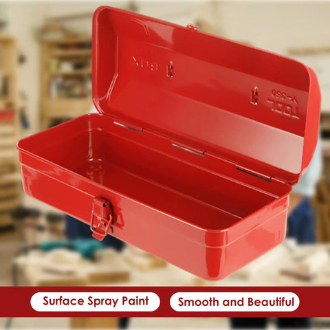 Red Small Metal Tool Box 15 Inch Portable Mini Tool Box With Hip Roof Style Heavy Duty Steel Construction And Corrosion Resistant Powder Coat Finish For Home Garage And On The Go Repairs, open red steel box