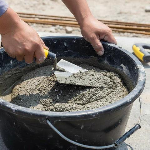 Person using a margin trowel from 5 Piece Masonry Hand Tool Set With Brick Trowel Pointing Trowels Margin Trowel And Tuck Pointing Tool