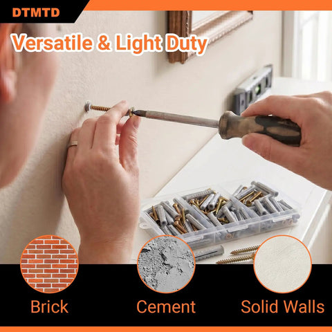 Hands using Pro Grade 100 Piece M8x40 Plastic Expansion Anchors And Self Tapping Screws Kit for home wall installation.